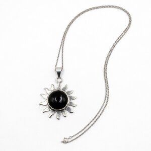 Vintage Sterling Silver Oynx Sunburst Pendant Necklace 925 Mexico